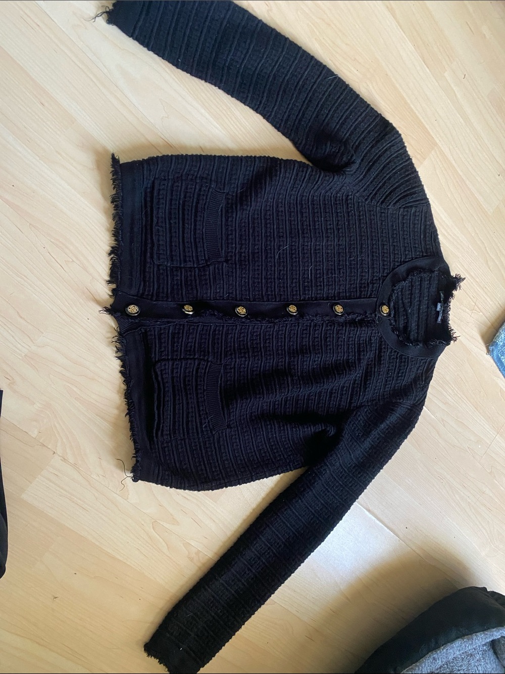 Adrianna Papell Black Knit Frayed-Edge Button Cardigan with Gold Buttons